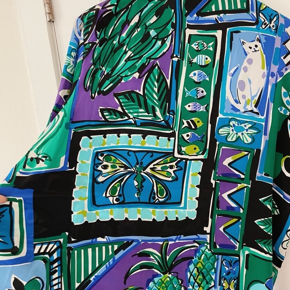 Bob Mackie Wearable Art 100% Silk Novelty Cat Short Sleeve Hawaïi Watercolor XL - Picture 6 of 7